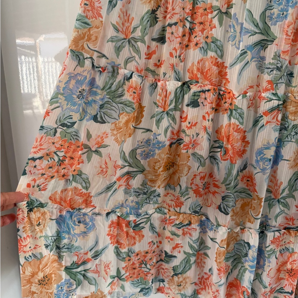 LOFT Floral Midi Dress in Orange, Blue & Cream - Picture 7 of 11
